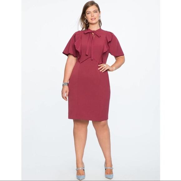 Eloquii Studio Ruffle & Tie Front Dress Wine Burgundy Red Women's Size 14 - Picture 1 of 11